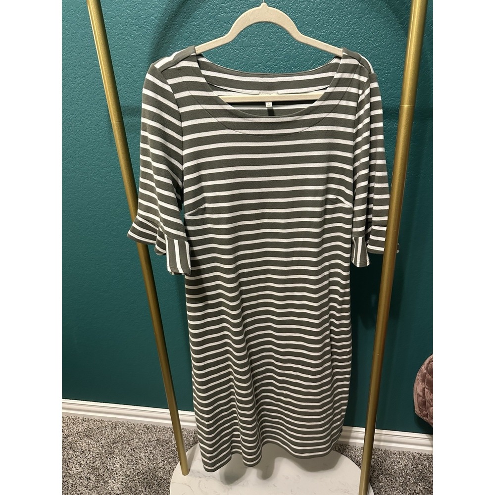 Talbots Cotton Knit Dress 3/4 Flutter Sleeve Lg Olive Stripe Preppy Nautical